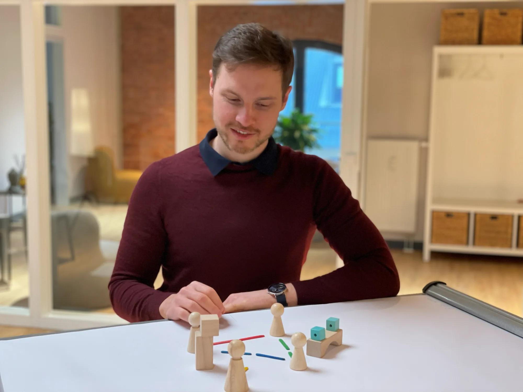 Arbeit mit Holzfiguren auf dem Tisch: Verhandlungsparteien werden aufgestellt und ihre Positionen sichtbar gemacht.